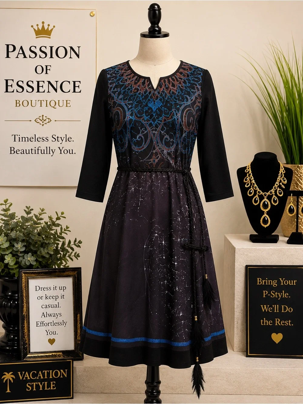 MK Black Blue Abstract Print Long Sleeve Midi Dress Artistic Boho Style